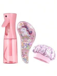 3pcs Hair Care Set: (6.8 Oz/200ml) Continuous Mist Hair Spray Bottle, Unicorn Cartoon Styling Comb For Adults & Girls, Silk Sleep Cap (Unicorn Design) To Wear While Sleeping Or Washing Face To Prevent Hair From Getting Wet - Multicolor - View 13