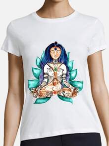 Woman Meditating Serenely Surrounded By Lotus Petals And With Spiritual Symbols Representing Vital Energy And Inner Connection Reflected In This Magnificent Women's T-Shirt Perfect For Yoga And Meditation. - White - View 8