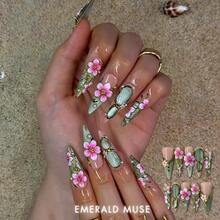 UltraBaddie 10 PCS Handmade Stiletto Press-On Nails | Sage Green & Nude Acrylic Nails, 3D Pink Cherry Blossom & Metallic Gold Edgy Art (Tool Kit Included) - Multicolor - View 3