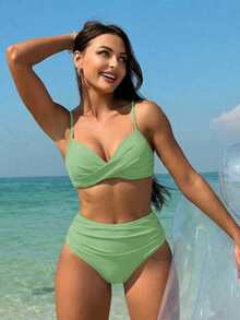 夏季新款女款純色優雅波希米亞風雙肩帶兩件式比基尼泳衣海灘度假套裝 - 淺綠色 - 查看 6