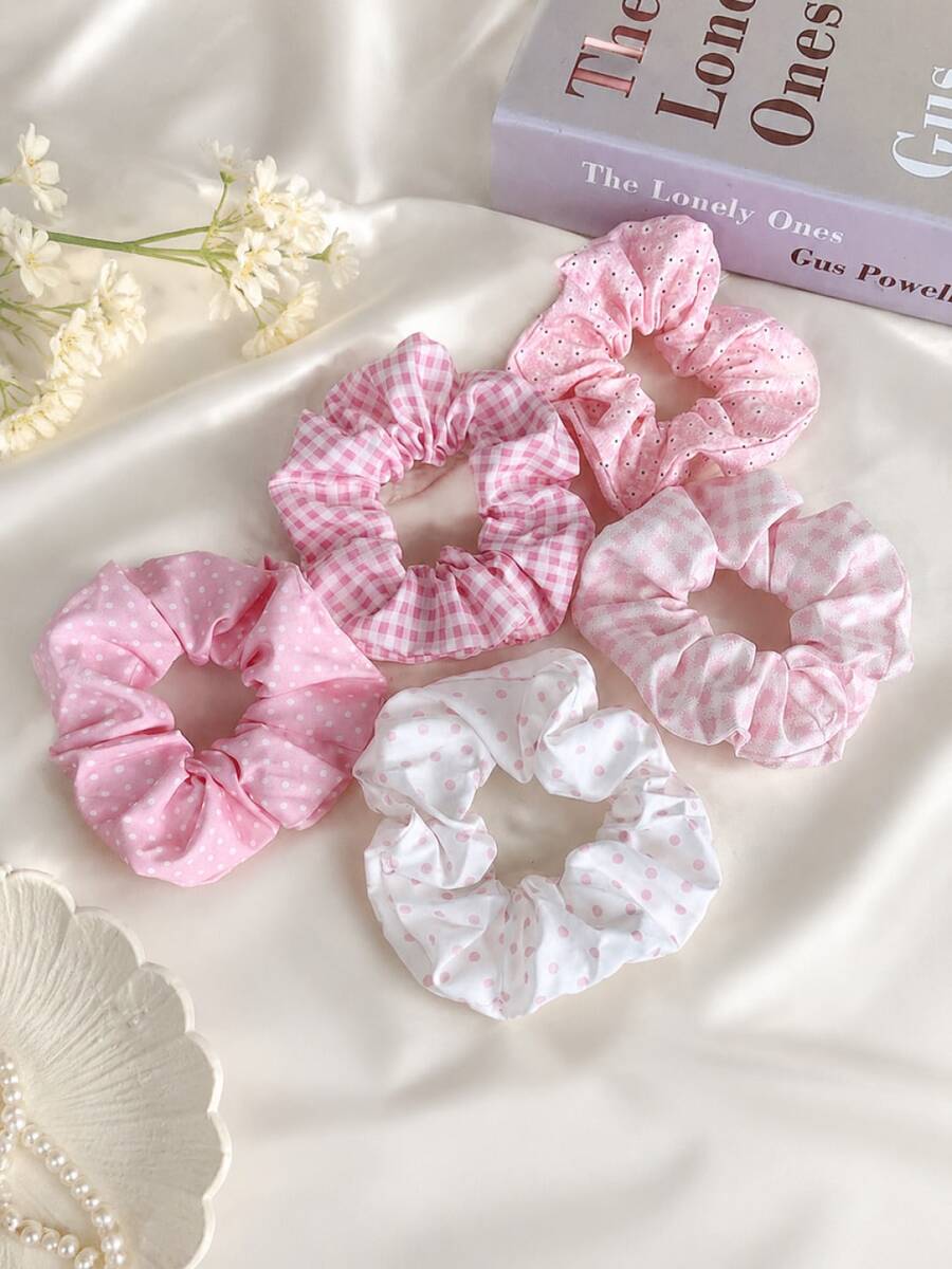 5pcs/Set Cute Pink Hair Scrunchies, Sweet Ponytail Holders, Minimalist Elegant Hair Ties For Girl - Pink - View 1