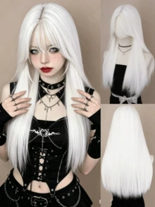 26 Inch White Long Straight Synthetic Hair Wig With Bangs, Y2K, Goth And Punk Style Synthetic Wig Suitable For Women's Daily Wear And Cosplay, Halloween - Multicolor - View 13