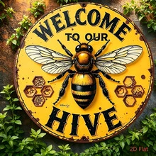 2D Flat, 1pc Vintage "Welcome To Our Hive" Metal Wall Decor - 8 Inch Round Iron Sign With Bee & Honeycomb Design, Rustic Yellow Background, Durable Home Decor For Home, Cafe, Garage - No Electricity Needed, Ideal Gift For Friends & Family, 2D Flat, Pre-Drilled Holes, Style As Shown In Size Image - Multicolor - View 1