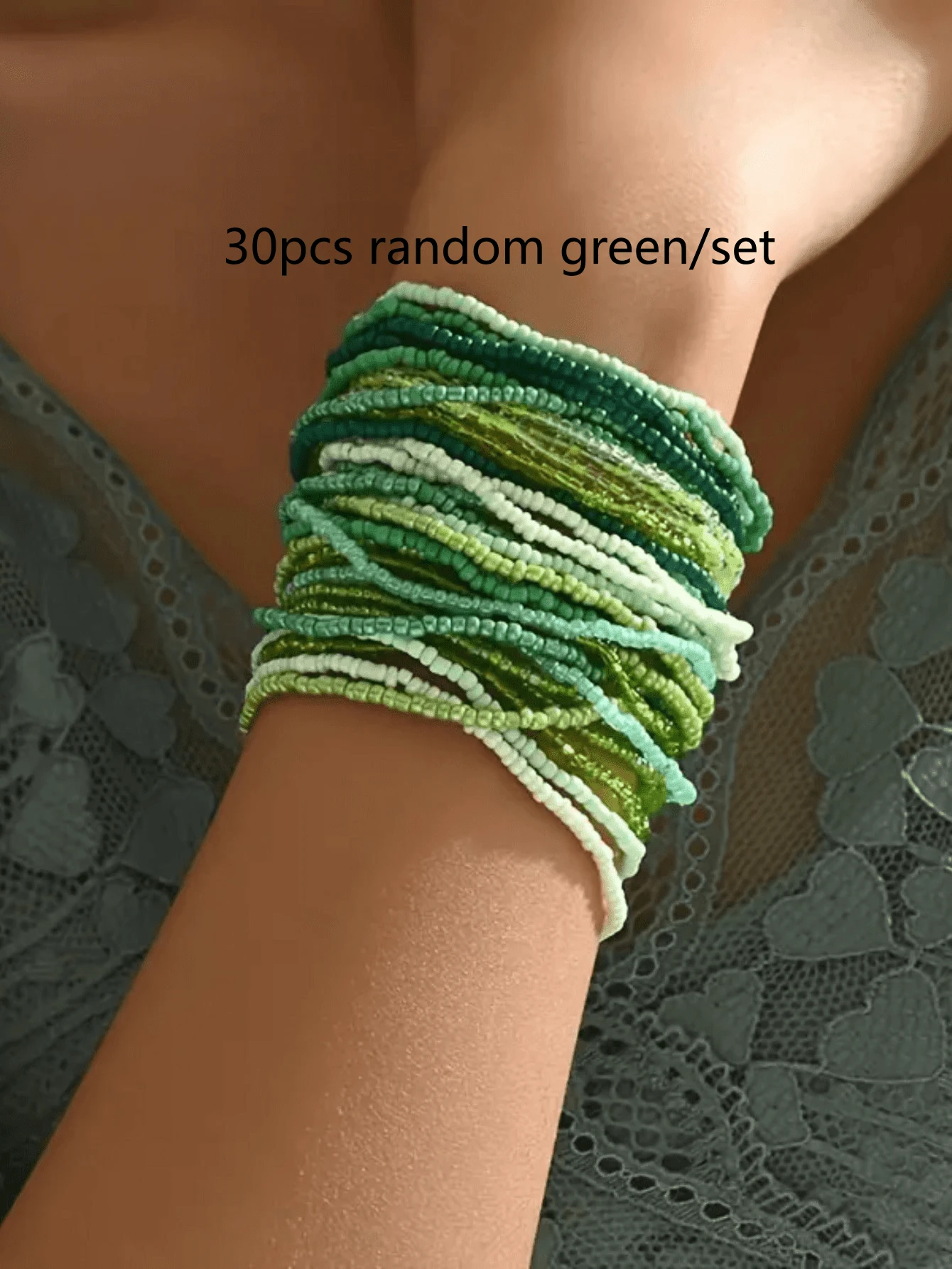 30 Chiếc Vòng Tay Đàn Hồi Cho Nữ Phong Cách Cổ Điển Bohemian, Vòng Tay Đính Cườm Co Giãn Nhiều Lớp Màu Ombre, Phụ Kiện Kỳ Nghỉ Thời Trang - màu xanh lá - Xem 1