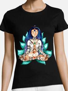 Woman Meditating Serenely Surrounded By Lotus Petals And With Spiritual Symbols Representing Vital Energy And Inner Connection Reflected In This Magnificent Women's T-Shirt Perfect For Yoga And Meditation. - Black - View 8