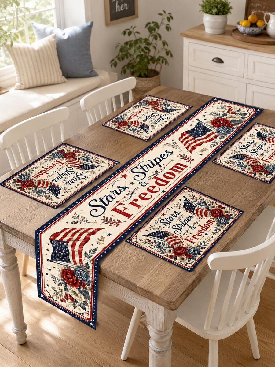 1 pieza "Estrellas, Rayas y Libertad" Juego de Camino de Mesa y Manteles Individuales - Estampado Floral Vintage de Bandera Americana con Borde Azul, Perfecto para Decoración del Hogar, Decoración de Habitación, Accesorios de Cocina, Jardín, Artículos de Jardín, Fiesta Campestre del 4 de Julio, Barbacoa, Picnic, Reunión Familiar, Celebración del Día de los Caídos y Boda Patriótica, Incluye 1 Camino de Mesa + 4 Manteles Individuales, Múltiples Tamaños Disponibles - Multicolor - Ver 1