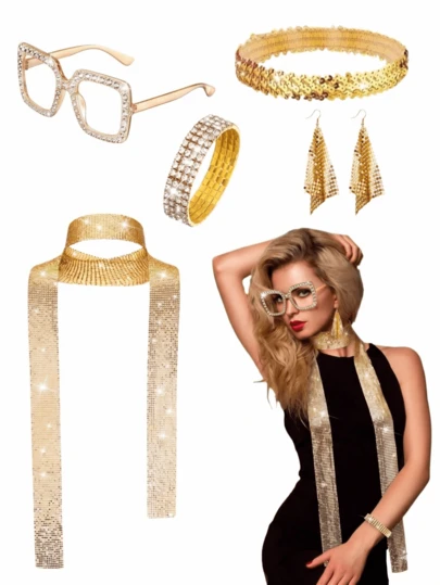 1/2/3/5 Pcs 70s Disco Costume Accessories, Women Glitter Earrings, Sequin Scarf, Sequin Headband, Glitter Bracelet, Rectangle Prop Glasses, Suitable For Birthday Party, Wedding Party, Disco Party