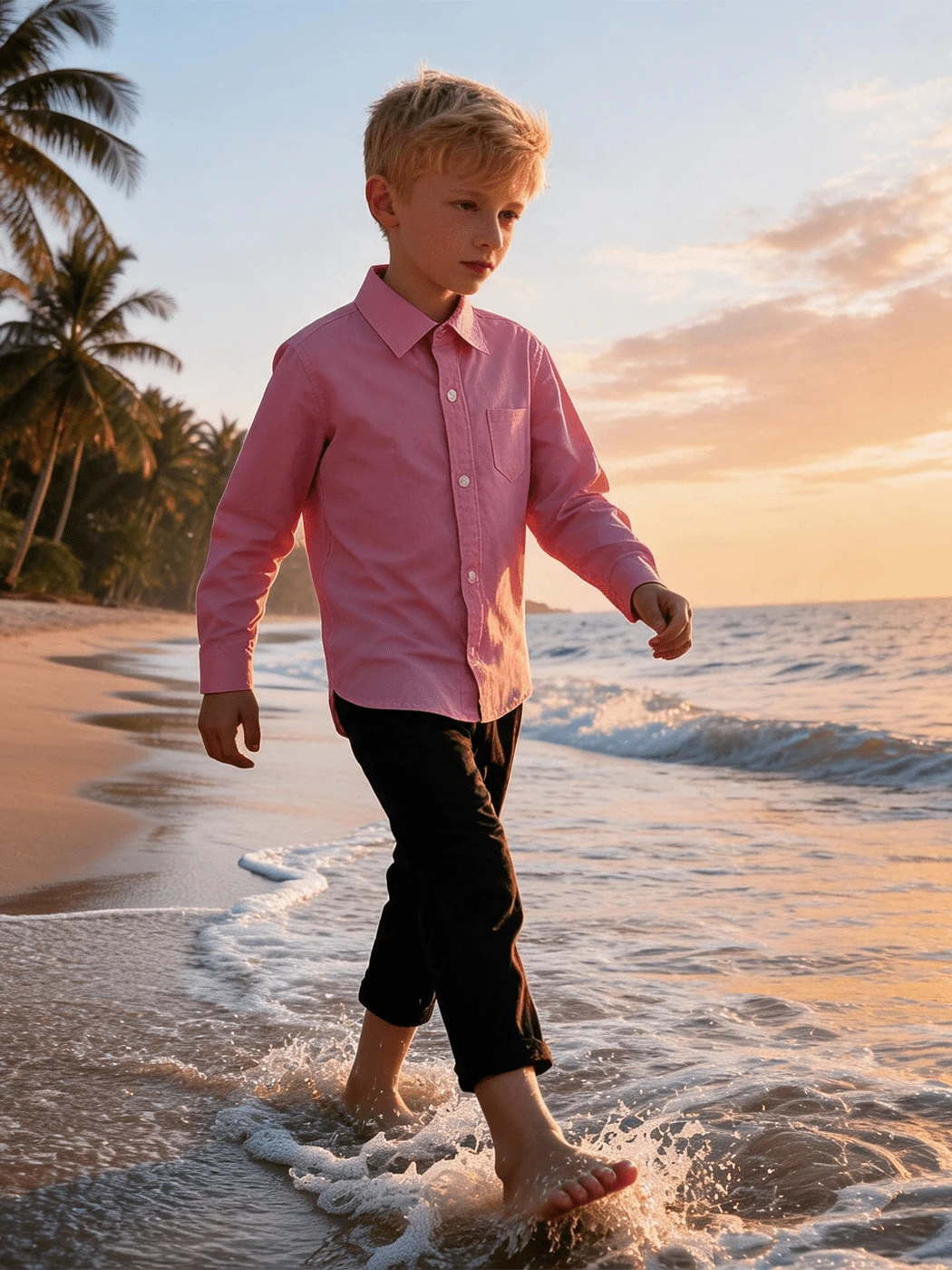 Boys' Long Sleeve Classic Collar Button T-Shirt, Solid Color With Pocket Casual Dress Shirt, Suitable For 6-16 Years Old Children - Pink - View 1