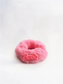 Miniso Barbie Fuzzy Plush Scrunchie Hair Tie 1Pc Stretchy Soft Comfortable Convenient Practical Easy To Use For Women Adults Daily Wear Face Washing Makeup Party Gift Includes Ponytail Holder Elastic Hair Band - Style1 - View 5