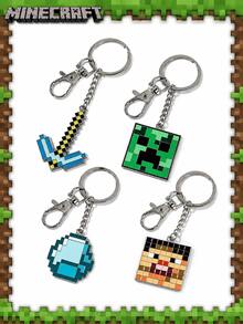 4pcs/Set Official Authorized Minecraft Metal Keychain Set - Steve, Creeper, Diamond, And Pickaxe, Creative Pixel Style Game Accessories Pendant - View 3