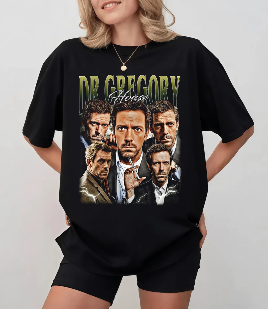 Black T-Shirt With Dr. Gregory House 90s Style Print, Unisex Relaxed Fit - Black - View 1