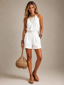 Women's Khaki Boho Halter Wide Leg Jumpsuit, Sexy Sleeveless Smocked Waist, Light Linen-Like Fabric, Summer Essential For Beach & Casual Daily Wear - 短白 - 查看 9