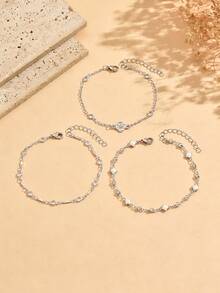 3pcs/Set Fashion Multi-Layer Stacked Clover Transparent Rhinestone Decor Anklet Charm Women's Beach Rhinestone Anklet Suitable For Daily Wear, Parties, Beach Vacation And Travel, Handmade Chain Cut To Length With Variable Bead Count - Silver - View 2