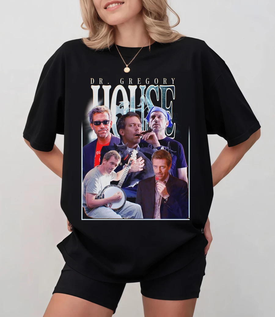 Black T-Shirt With Dr. House Photo Montage, Unisex Relaxed Fit - Black - View 1
