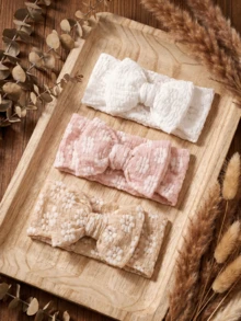 3 Packs Boho Eyelet Baby Headbands - Breathable Stretchy Big Bows For Girls - Soft Neutral Vintage Hairbands - Newborn Photo Props & Shower Gift - Multicolor - View 4