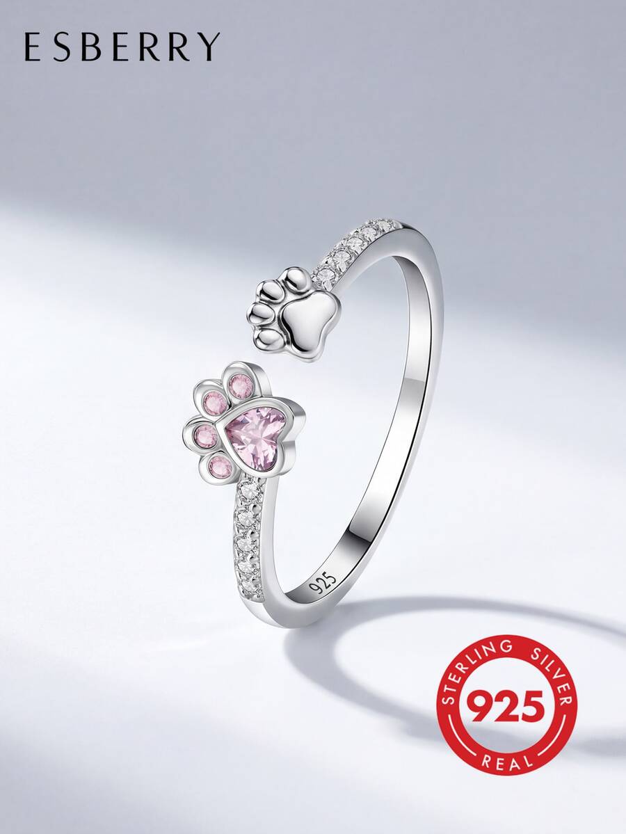 1pc 925 Sterling Silver Cute Sweet Claw Inlaid Pink Diamond Open Ring, Suitable For Daily Wear Or Parties, A Beautiful Jewelry Gift Or Birthday Present - Cute Paw Pink Diamond Ring - View 1
