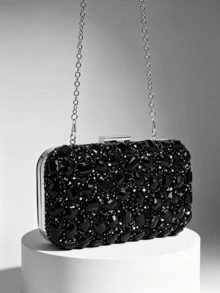 1pc Black Crystal Embellished Clutch Bag, Luxury Shiny Evening Handbag Suitable For Formal Parties, Weddings, Galas, Formal Dinners - Black - View 2