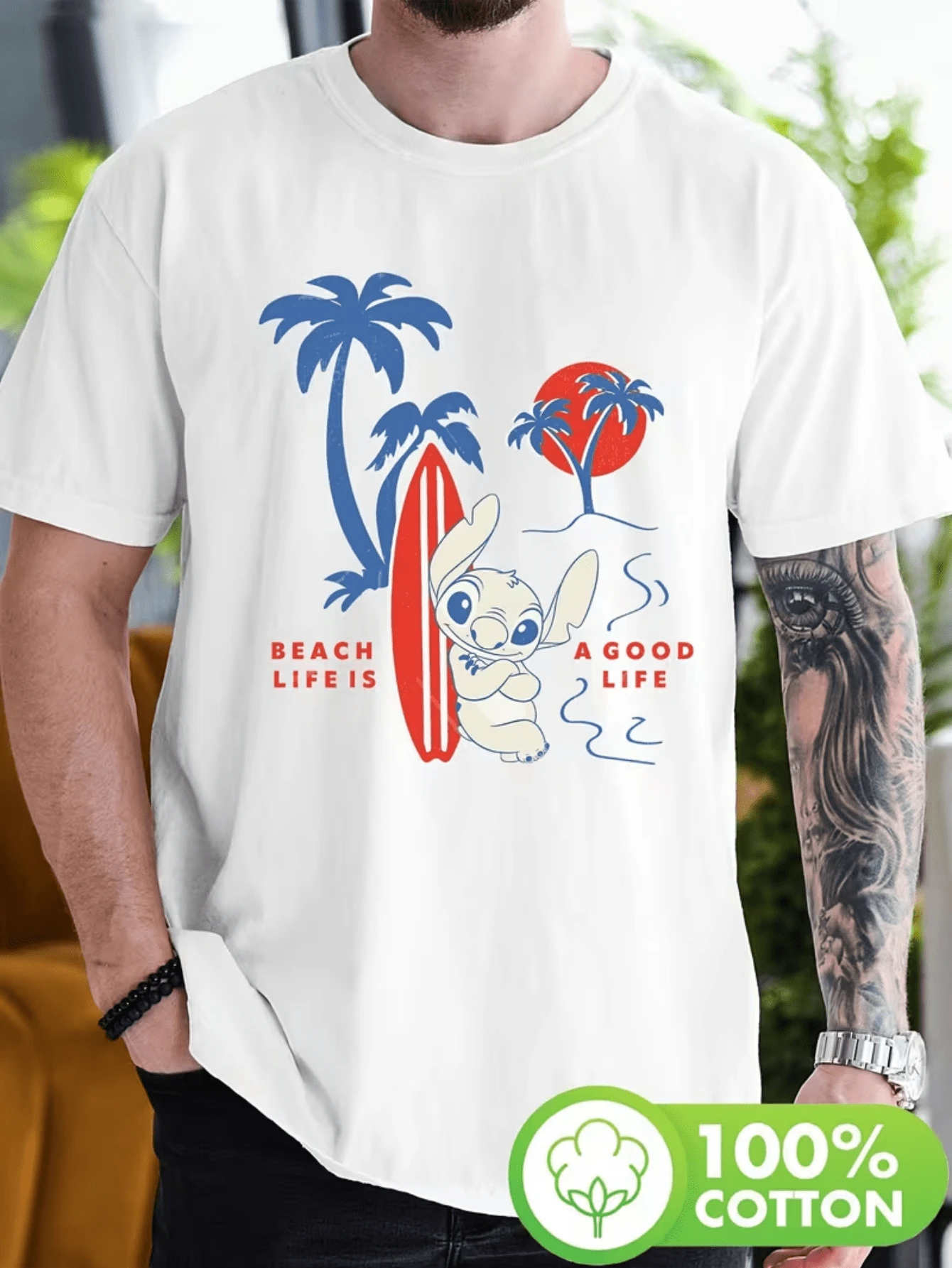 (Disney T Shirts)Disney Lilo & Stitch Stitch Beach "BEACH LIFE IS A GOOD LIFE" Summer Graphic T-Shirt, Men's 100% Cotton Crew Neck Short Sleeve Tee, Casual Loose Fit, Retro Palm Tree Surfboard Front Print T-Shirt For Men, Mens Clothes, Men, Ropa De Hombre, Summer Clothes, Men Shirts, Graphic Tees, Disney Outfits Men, Graphic Tees, Camisetas Para Hombre, Camisas Para Hombre, Summer Outfits For Men, Father's Day Gift, Perfect Gift For Family And Friends, Which Are Necessary For Birthday Parties, Disney Shirts, Mens Clothes, Summer Clothes, Officially Licensed Disney T-Shirts, Disney Men's And Women's Spring/Summer Fashion Casual Short-Sleeve T-Shirts - trắng - Xem 1