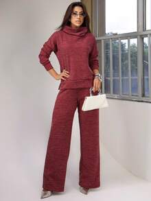 Women's Set Including A Turtleneck Long-Sleeved Blouse With High-Waisted Wide-Leg Trousers In Premium Ribbed Knit - Winter, Cool Tailoring, Elegant Turtleneck, Comfortable Wide Leg, Casual Everyday Warm Wine Red Blouse - 酒紅色 - 查看 1