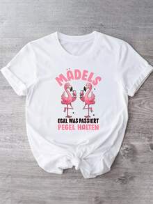 Girls Night T-Shirt, "Flamingo Drinking German Quote" Print, Women's Casual Top - Weiss - Übersicht 1