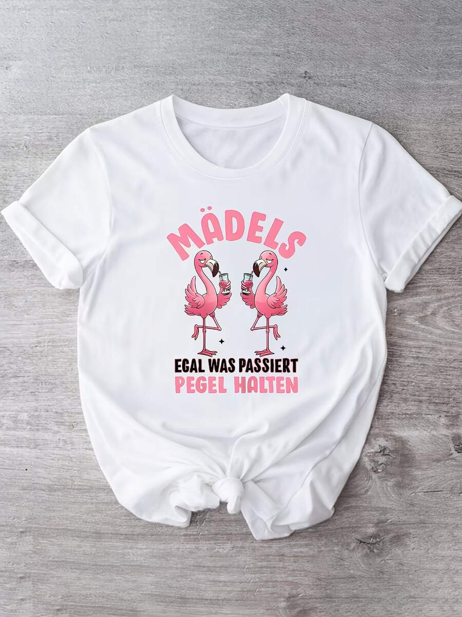 Girls Night T-Shirt, "Flamingo Drinking German Quote" Print, Women's Casual Top - Weiss - Übersicht 1