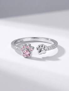 1pc 925 Sterling Silver Cute Sweet Claw Inlaid Pink Diamond Open Ring, Suitable For Daily Wear Or Parties, A Beautiful Jewelry Gift Or Birthday Present - Cute Paw Pink Diamond Ring - View 2