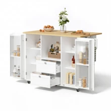 Kitchen Island On Casters With Fold-Down Worktop, Freestanding Kitchen Unit, Serving Cart With Storage Space, 2 Drawers, Spice Rack, Towel Rail, Lockable Casters, 120 * 45 (70) * 92 Cm - White - View 11