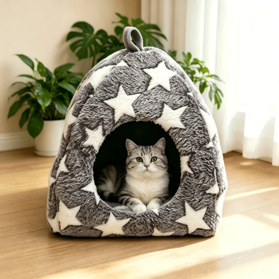 Star Decor Cozy Semi-Enclosed All-Season Plush Pet Pad | Machine Washable Durable Polyester | Suitable For Comfortable Sleep In Autumn/Winter | Star Pattern Design, Pet Sleeping Mat - Multicolor - View 1