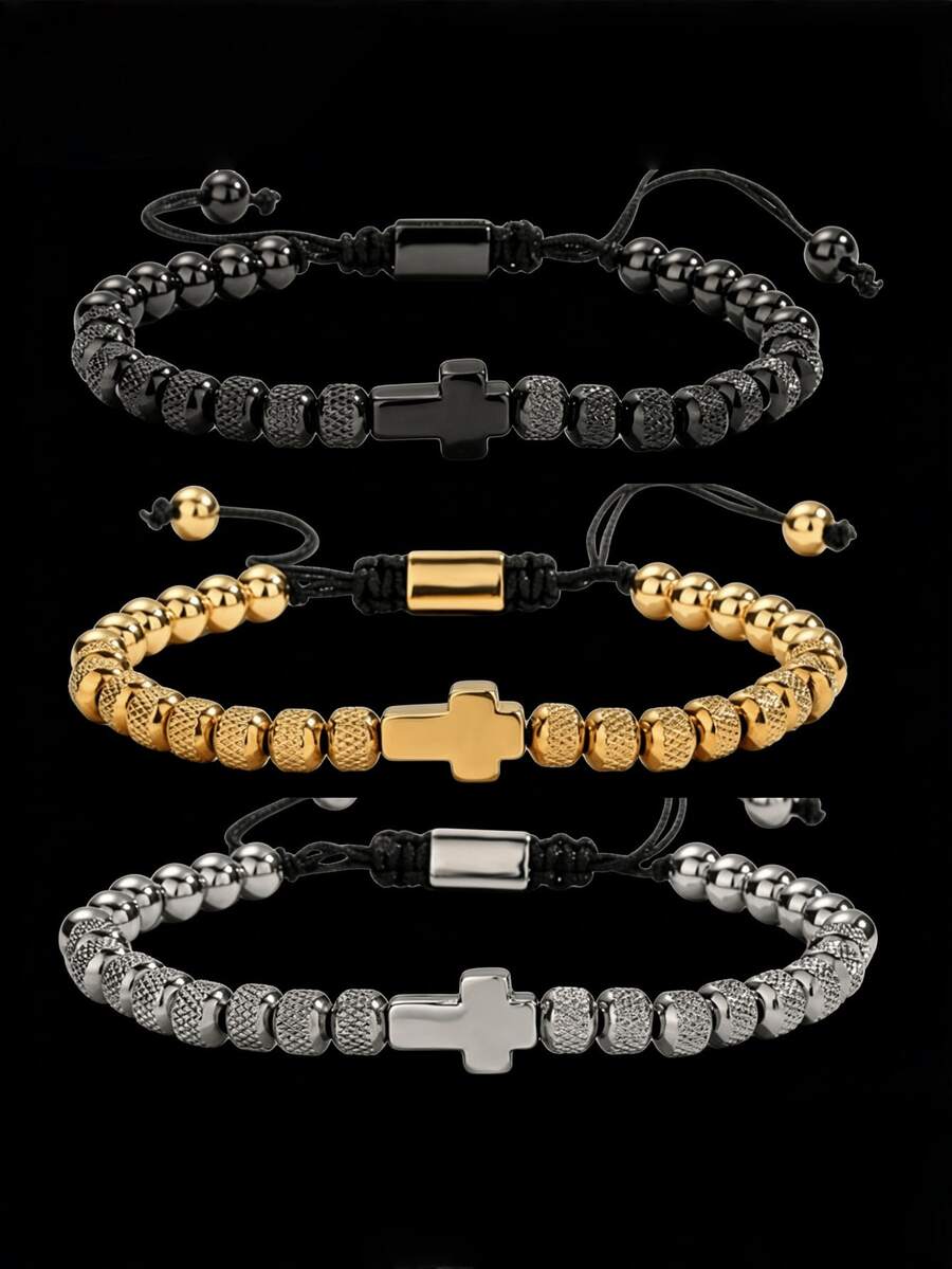 1pc Luxury Stainless Steel Cross Decor Braided Rope Bracelet, Suitable For Daily Wear, Can Be Given As A Gift To Boyfriend, Friend, Birthday Party (Bead Quantity Randomly Matched Combination)