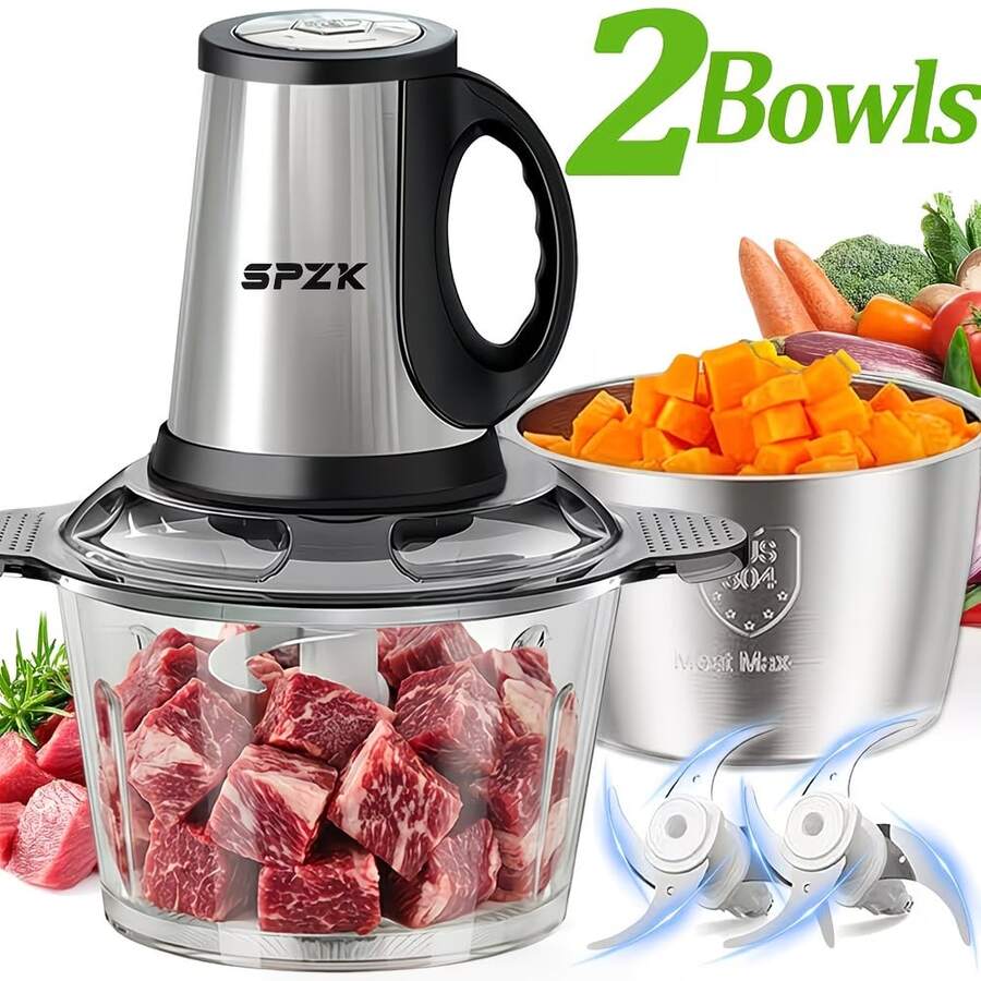SPZTJK Máy Xay Thịt Chạy Điện, Máy Xay Tỏi Điện Mini, Có Bát Inox 3L, Lưỡi Dao Bằng Thép Không Gỉ Dùng Cho Thịt, Rau Củ, Hành Và Tỏi - Bạc - Xem 1