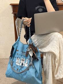 New Women's Shoulder Bag Tote Bag, Japanese Animal Embroidery Design Nylon Bag, Large Capacity Commuter Bag, Suitable For Shopping, Leisure, Festivals, Parties, Surprise Gift - Multicolor - View 2