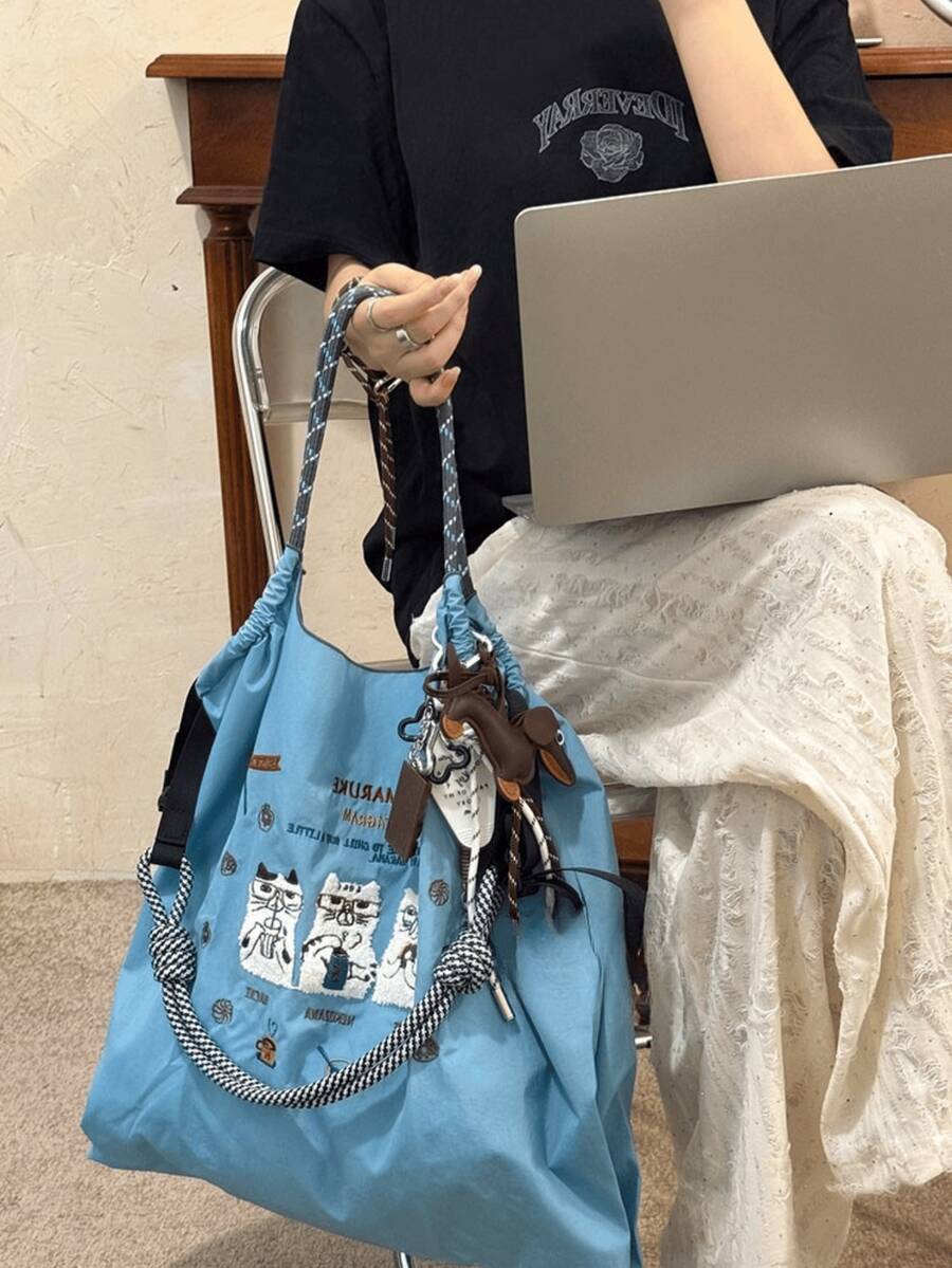 新款女款單肩托特包,日系動物刺繡設計尼龍包,大容量通勤包,適合購物、休閒、節日、派對,驚喜禮物 - 彩色 - 查看 1