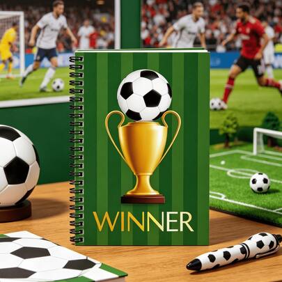 1 szt. zielony spiralny zeszyt w paski z motywem piłki nożnej, dziennik z napisem "Winner", do zadań domowych dla uczniów, dla dorosłych entuzjastów sportu, notatek biurowych, codziennego pisania, prezent dla drużyny sportowej, niezbędnik do szkoły i biura, artykuły papiernicze dla chłopców i mężczyzn