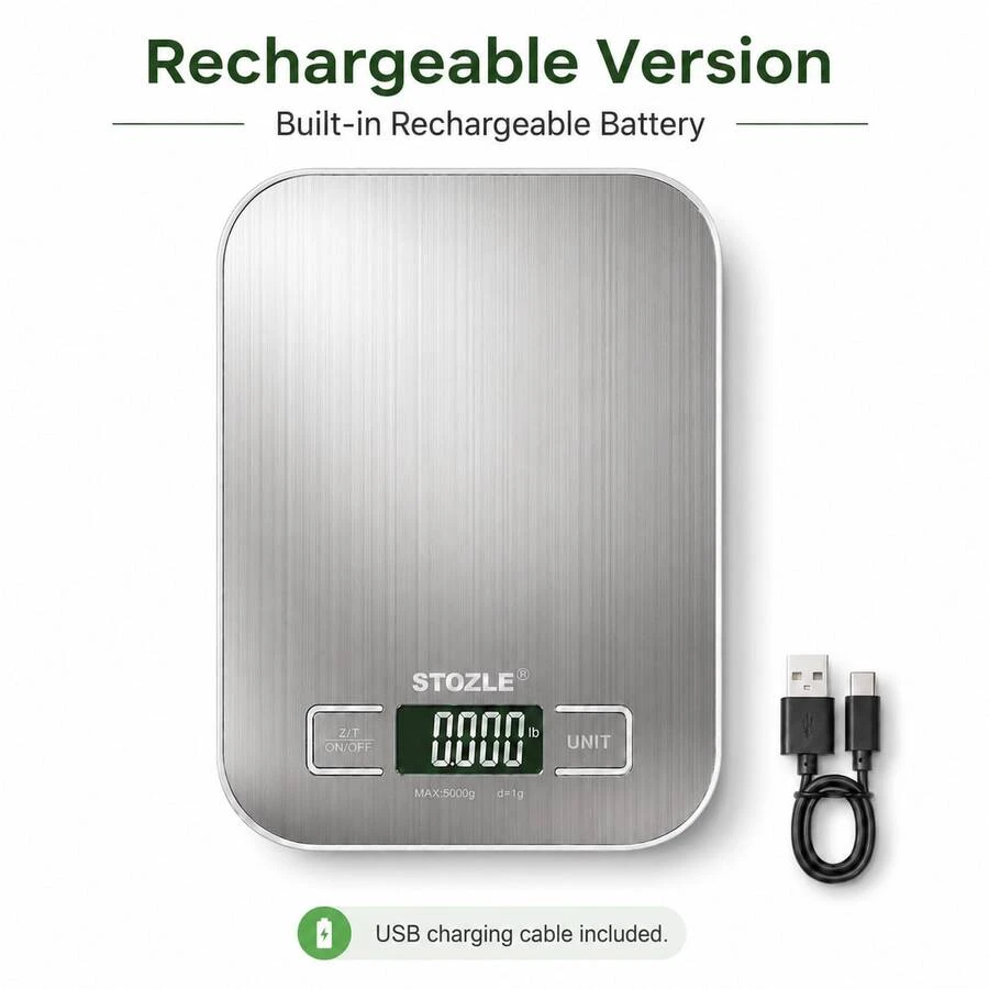 STOZLE High-Precision Digital Kitchen Scale, 11lb/5kg Capacity, Stainless Steel Body With LCD Display. Features Tare Function And Easy-To-Clean Design, Supports 6 Measurement Units Including Gram, Ounce, Pound, Kilogram And Pound Ounce. Ideal For Baking, Cooking, Coffee Making And Packaging Use. - 銀色充電款 - 查看 1