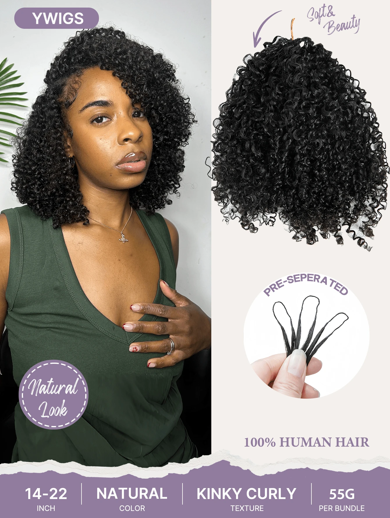Y WIGS Multi-Texture Curly Miracle Knot Crochet Human Hair 55g 14-22 Inch Durable Tight Wave Pre-Bundled Feather Human Hair Crochet Extensions For Bohemian Braids
