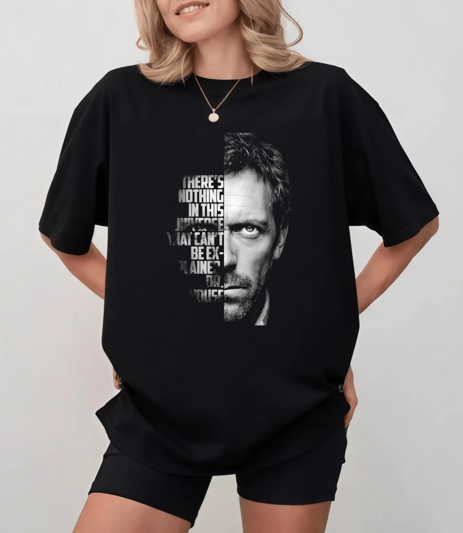 Black T-Shirt With Portrait Of Dr. Gregory House And Quote, Unisex Relaxed Fit - Black - View 1
