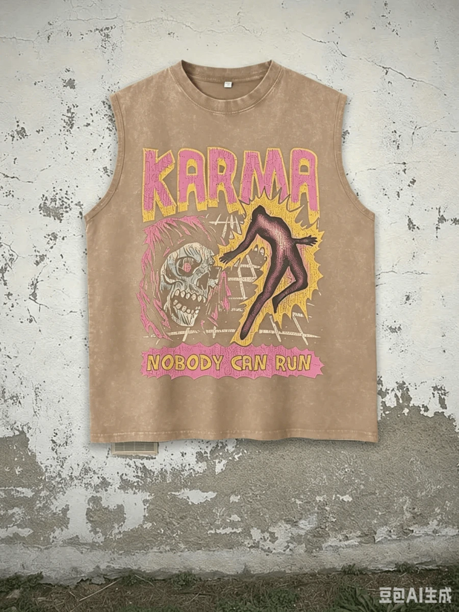 Unisex 210G Vintage Washed Black Sleeveless Tank Top, Skull Nobody Can Run Horror Graphic Muscle Vest - 咖啡棕 - 查看 1