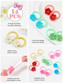 14pcs Sweet Fresh Girl Cute Flower Hair Ties, Suitable For Girls Hair Decoration - Multicolor - View 5