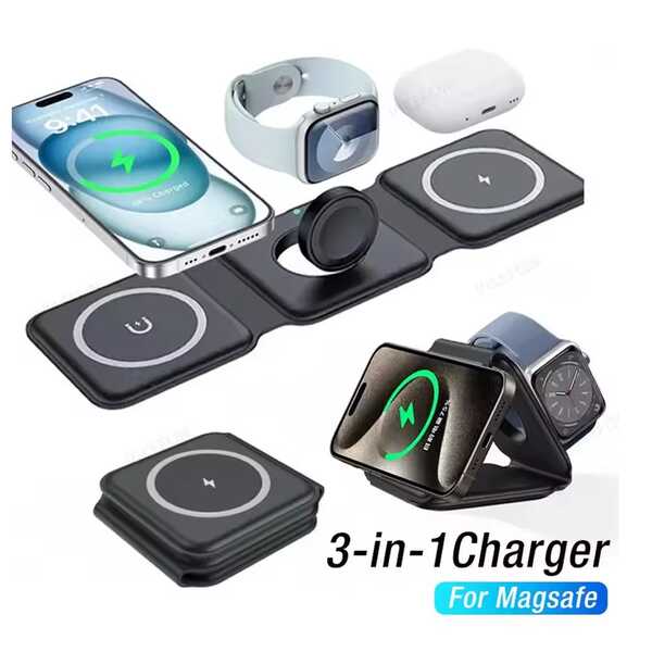 New 15W 3-In-1 Magnetic Folding Wireless Charger, Portable Foldable Design, Built-In LED Indicator, Multi-Device Efficient Fast Charging; Precise Magnetic Alignment, Stable Charging Without Slipping, Compatible With IPhone17/16/15/14/13/12 Pro Max/8 Series, Apple Bluetooth Earphones, Apple Smart Watch, Suitable For Desktop Office, Home Storage, Travel, Simple And Practical.