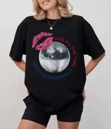 Black T-Shirt With Disco Ball, Pink Lips And Humorous Text, Unisex Relaxed Fit - Black - View 10