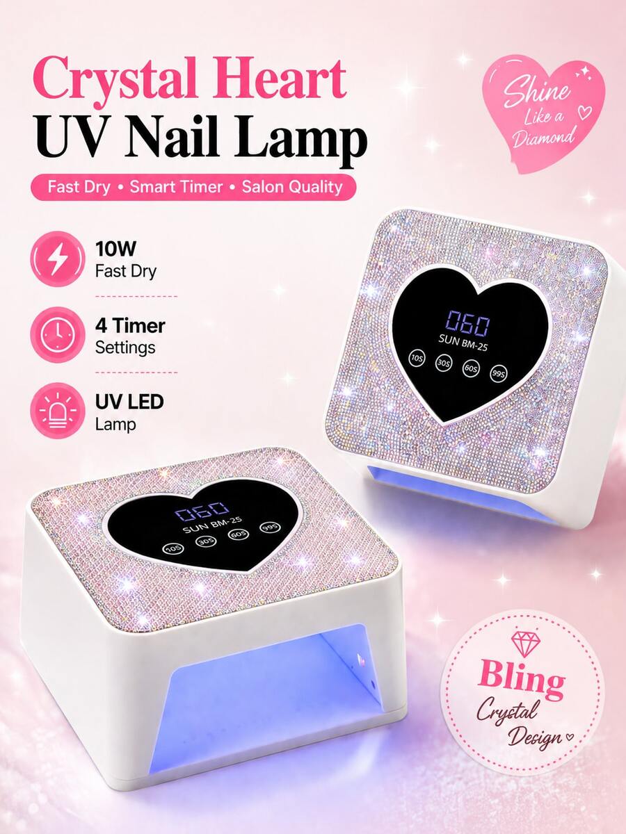 LIMEGIRL USB UV LED 美甲灯，适用于凝胶美甲，奢华水钻迷你美甲烘干机，4 种定时设置和自动感应功能，快速烘干便携式美甲灯，心形显示屏，适合家庭和美甲沙龙使用，也是送给女性和女孩的绝佳礼物。
