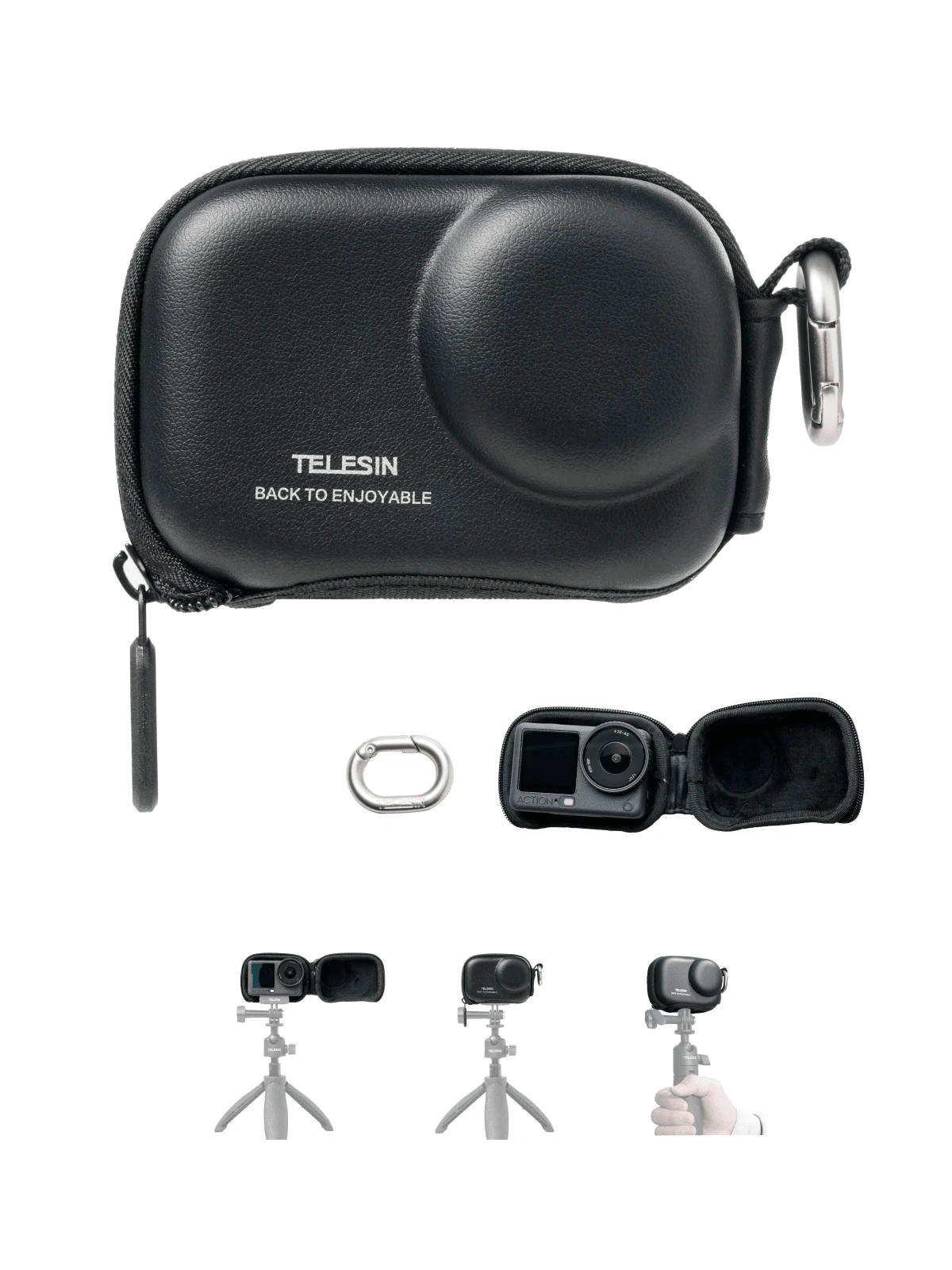 TELESIN Tas Jinjing Mini untuk Osmo Action 6/5 Pro/4/3 Xtra Edge Pro/Edge Case, Casing EVA Keras Tahan Air, Kotak Penyimpanan Perjalanan dengan Bukaan Bawah Carabiner untuk Aksesori Tripod Tongkat Selfie