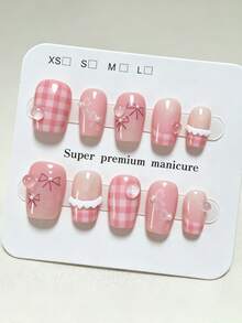 10pcs Pure Handmade Press On Nails Short Coffin Nail Pink And White Ails With 3d Water Droplet Checkered Pattern And Bow Tie Cute Fancy Pain Y2k Gentle Elegant For Women And Girl, Spring Summer Fall Winter, Holiday And Daily Life Use - Pink - View 1