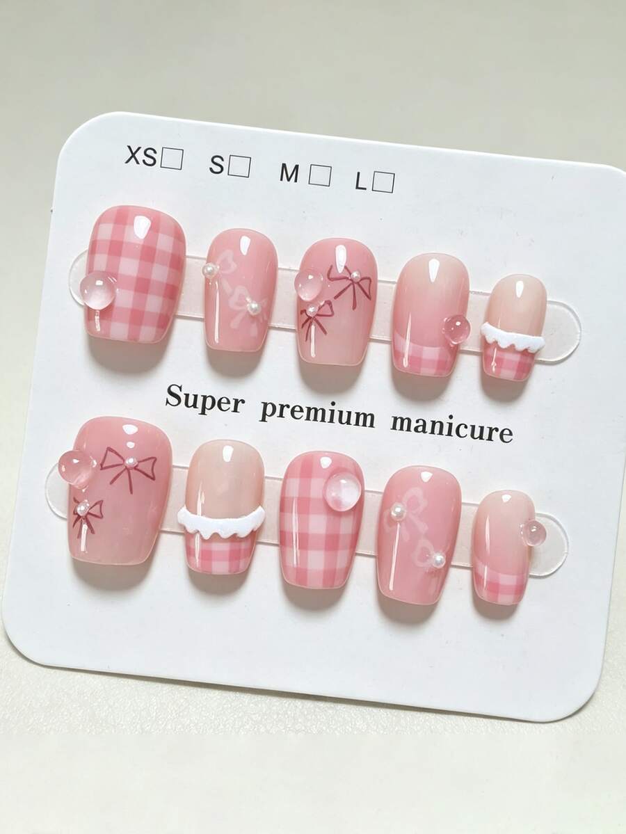 10pcs Pure Handmade Press On Nails Short Coffin Nail Pink And White Ails With 3d Water Droplet Checkered Pattern And Bow Tie Cute Fancy Pain Y2k Gentle Elegant For Women And Girl, Spring Summer Fall Winter, Holiday And Daily Life Use - Pink - View 1