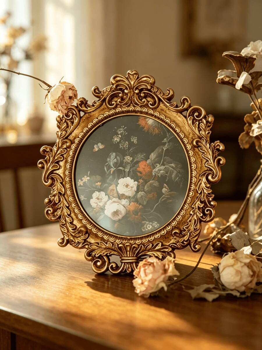 4x4 Zoll Vintage runder Goldrahmen, zarter Harzblumenmusterrahmen mit hochauflösendem Glas. Kompakter Retro-Stil Rahmen, geeignet für Tisch- oder Wandmontage. Exquisiter vintage Dekorationsrahmen, perfekte Wahl für die Heimdekoration. - Mehrere Stile - Übersicht 1
