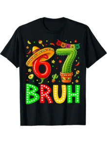 Colorful Number With Mexican Hat, Cheerful Cactus, Avocado, And Party Details Represents Enthusiasm, Fun, And Positive Energy. Ideal For Celebrating With A Humorous And Vibrant Touch. Men's Casual T-Shirt, Modern, Comfortable For Everyday Wear. - 黑色 - 查看 6