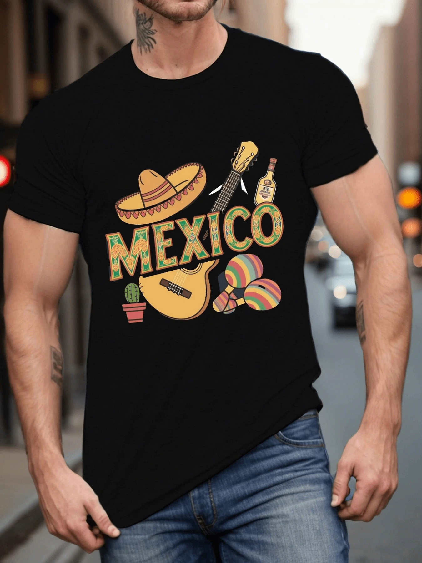 Sombrero mariachi guitarra botella cactus y maracas representan la alegría de México con espíritu festivo y colores vivos camiseta de hombre cómoda casual ideal para uso diario y celebración cultural - Negro - Ver 1