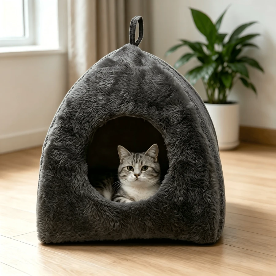 Modern Design Semi-Enclosed Triangle Dome Cat House, Spacious Interior, Durable Polyester Material Indoor Cat Shelter - Easy-To-Clean Dark Grey Home Decor, Sturdy Structure Pet Comfortable Resting Essential - Grey - View 1