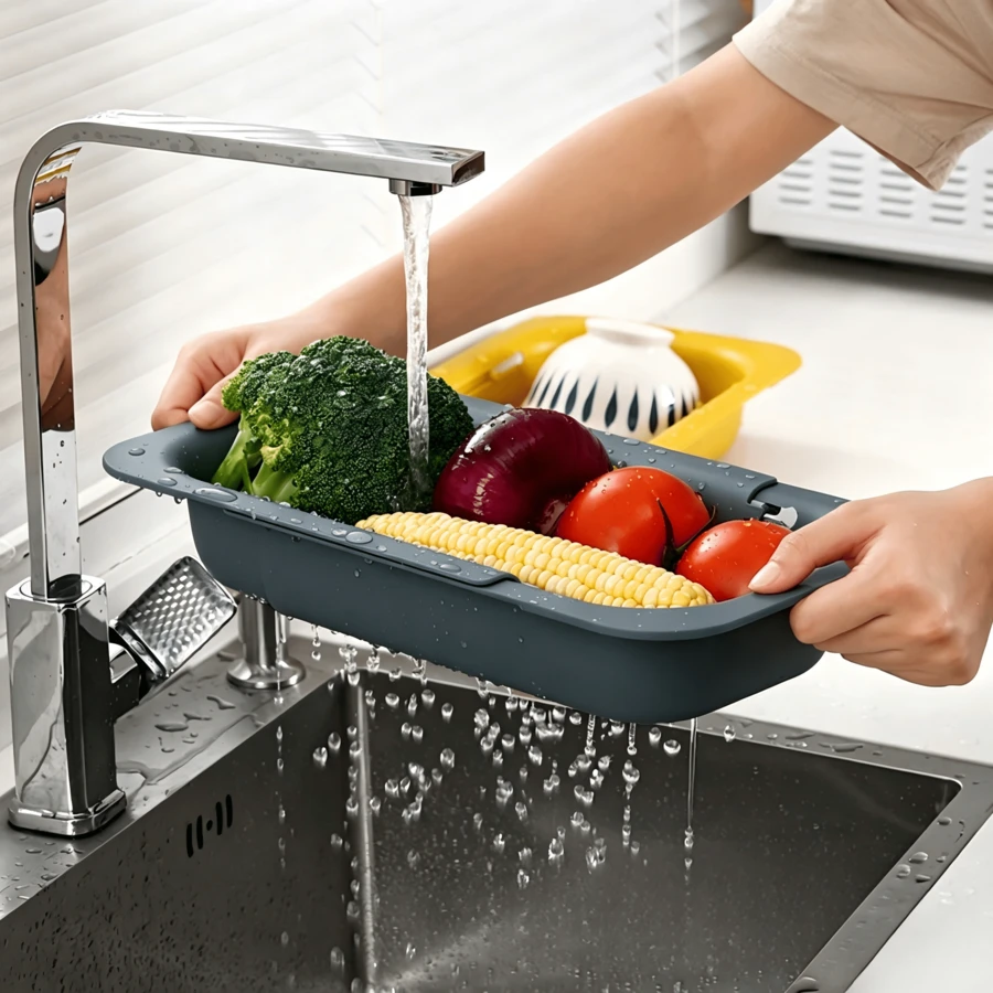 1 pieza Rejilla retráctil de drenaje, se ajusta a la mayoría de los fregaderos, integra las funciones de lavado y escurrido de frutas y verduras. Su diseño extensible permite un almacenamiento flexible - Especificaciones múltiples - Ver 1