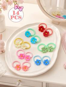 14pcs Sweet Fresh Girl Cute Flower Hair Ties, Suitable For Girls Hair Decoration - Multicolor - View 6